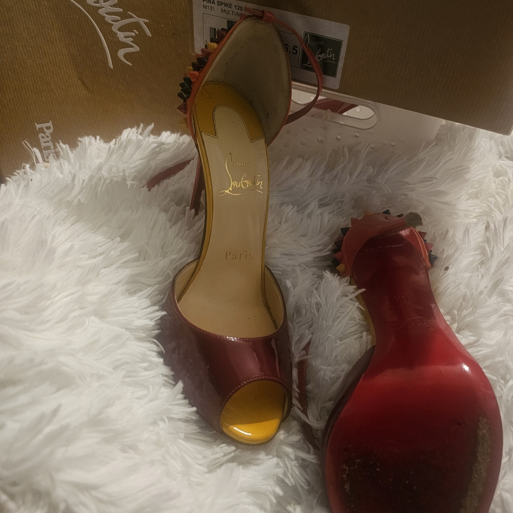 Christian Louboutin Red and Yellow Peep-Toe Heels